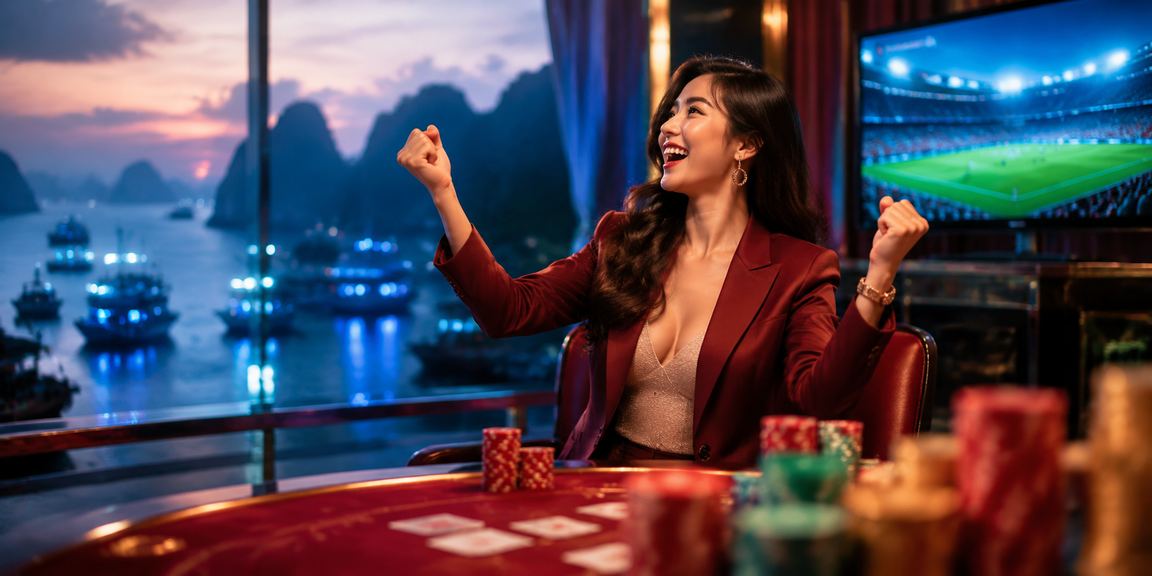 Người chơi baccarat trực tuyến với cảnh vịnh Hạ Long làm nền, thể hiện trải nghiệm casino cao cấp tại Việt Nam