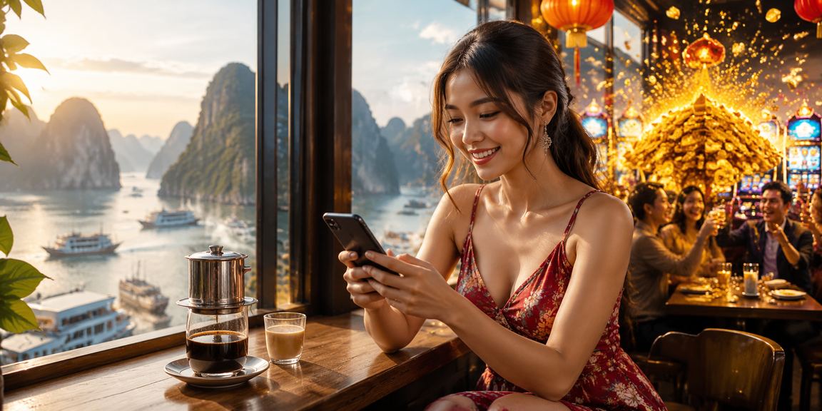Người chơi thư giãn thưởng thức cà phê bên vịnh Hạ Long trong khi sử dụng ứng dụng casino di động