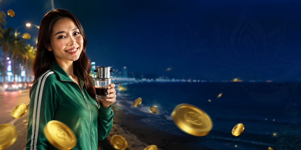 Người dùng tại Phan Thiết xem ưu đãi đăng ký nhận bonus trên điện thoại bên ly cà phê